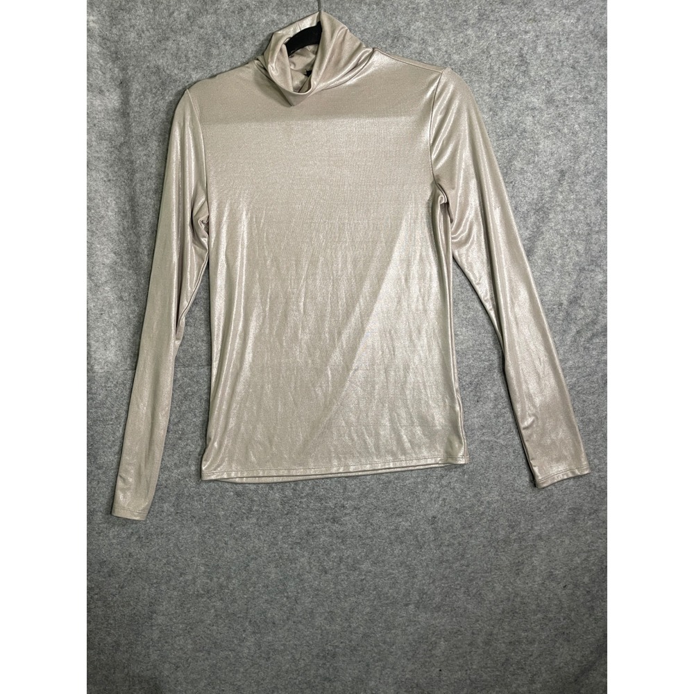Express Womens Metallic Champagne Gold Turtleneck Long Sleeve Shimmer Top Medium